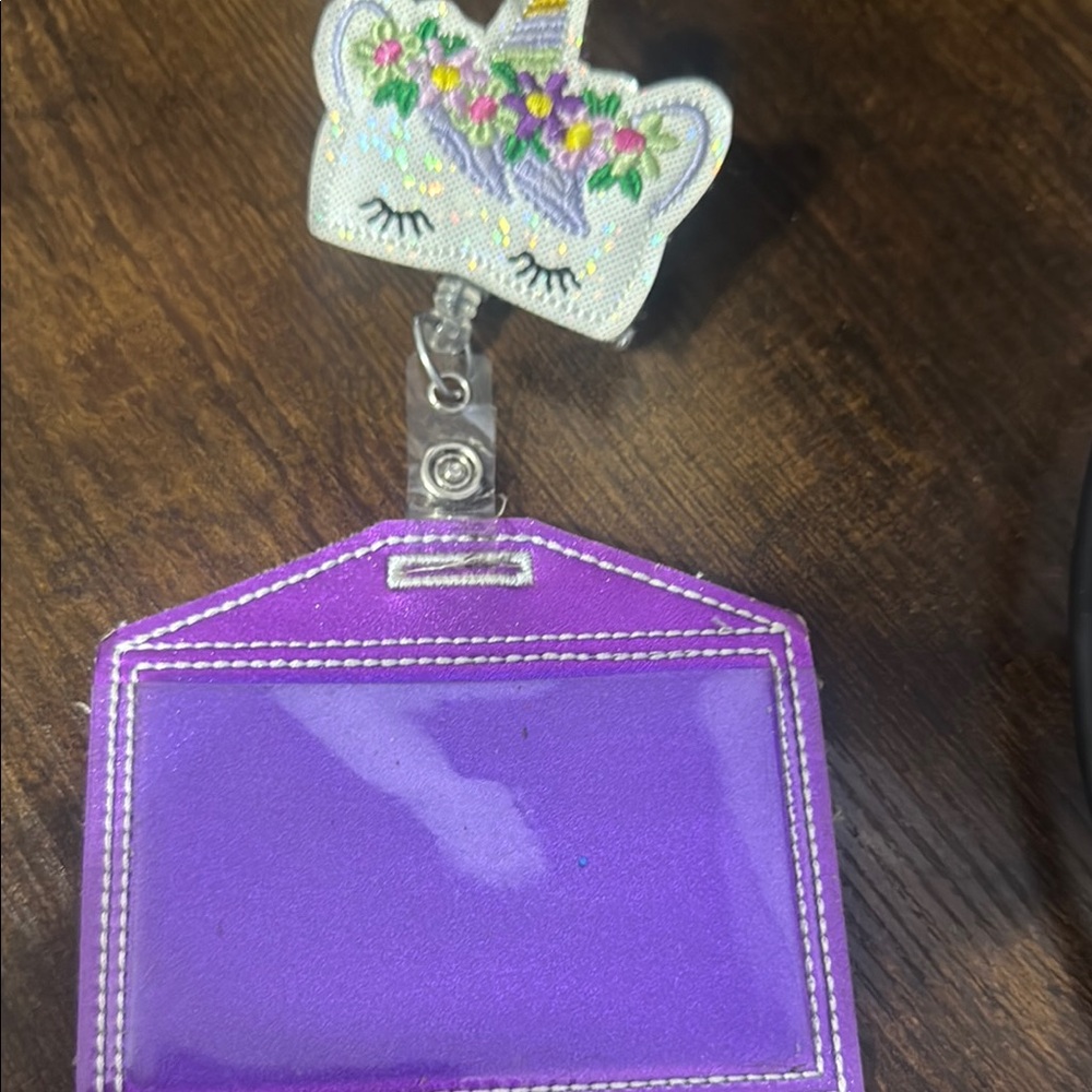 Source Unknown Purple ID Holder with Floral Clip